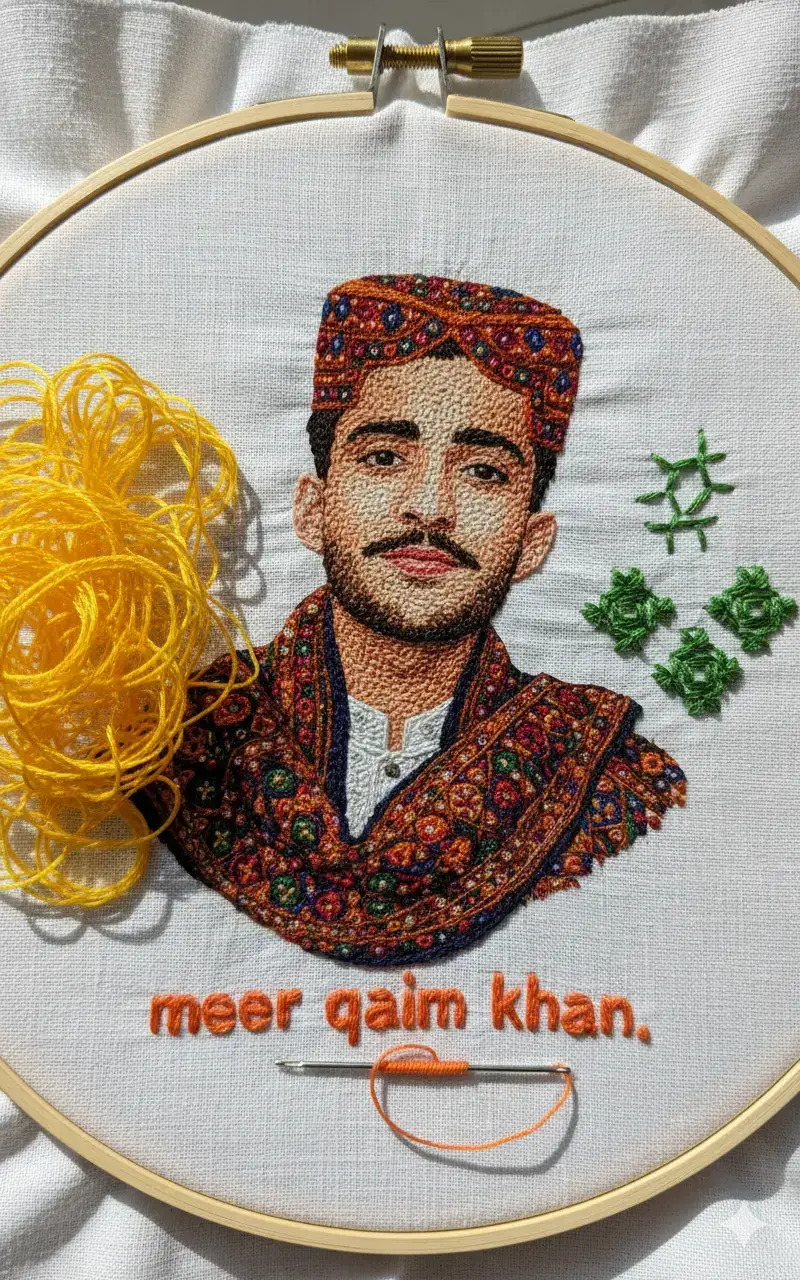 Digital Manipulative Prompt: A close-up photograph of hand embroidery in progress, laid out on white, textured fabric stretched within an embroidery hoop. The central element is a realistic portrait of the uploaded image. The portrait is meticulously stitched using orange, brown, and blue threads, creating a raised, textured effect to the skin and clothing, reminiscent of French knots or colonial knots. To the left of the portrait, a tangle of bright yellow embroidery thread is visible, slightly out of focus. An embroidery needle, threaded with orange thread, rests on the fabric near the bottom of the portrait. Below the portrait, the name 'ALEX S.' is embroidered in bold, orange capital letters, also with distinct, textured stitching. To the right of the portrait, there are several small, green embroidered square patterns, with a few additional green stitches above them, appearing slightly abstract. The lighting is natural and bright, enhancing the texture of the fabric and the tactile quality of the embroidery. The overall image presents an authentic, high-quality photograph of hand embroidery in progress, emphasizing the handmade details and intricate stitching. #ai #aiart #google #gemini @meer.qaim.khan.1