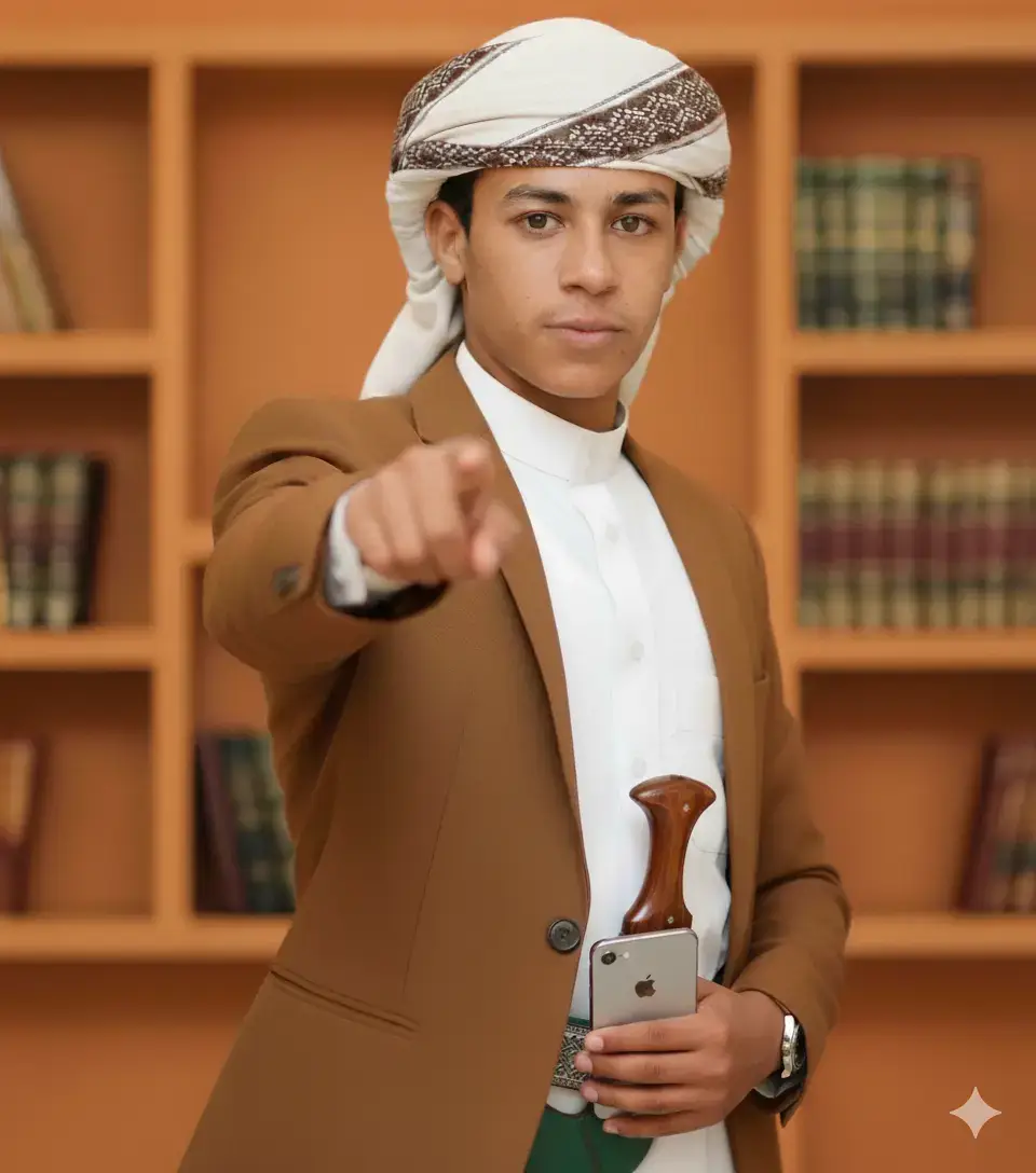 ابتكر لي صورة فوتوغرافية احترافية لنفس الشخص الموجود بالصوره المرفقه، وينظر مباشرة إلى الكاميرا ، والعاصب الموجود بالصوره، وهو يشير بإصبعه السبابة للأمام. ارتدى سترة (جاكيت) عصرية باللون البني الترابي فوق ثوب أبيض ناصع. ارتدى الخنجر اليمني التقليدي (جمبية ​​موجوده بالصوره المرفقه الخلفية عبارة عن جدار بلون برتقالي دافئ ورفوف كتب خشبية غير واضحة المعالم عمق ميدان ضحل الإضاءة ناعمة ومشرقة تبرز تفاصيل الوجه والملابس بجودة عالية 8k
