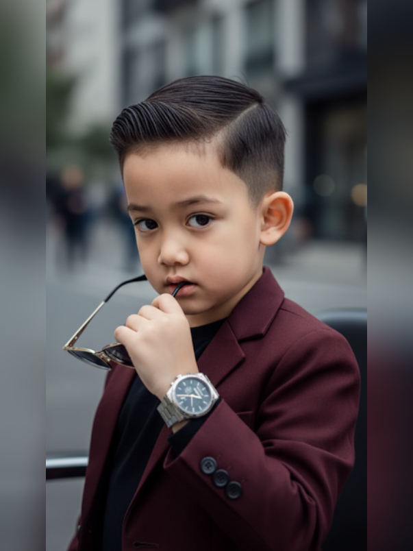 🔥🔥 prompt 📌: Potret editorial ultra-realistis dalam format 8K, 9:16. Anak laki-laki muda yang bergaya (5 tahun) dengan wajah harus tetap 100% identik dengan referensi aslinya, tanpa perubahan, tanpa perubahan struktur wajah, dan rambut tebal yang ditata sempurna. Ia memegang kacamata hitamnya di dekat bibir dalam pose karismatik, memberikan pandangan sekilas yang percaya diri. Jaket merah marun gelap di atas pakaian hitam, jam tangan mewah terlihat. Pencahayaan sinematik yang dramatis meningkatkan tekstur dan detail wajah, kualitas sampul majalah. --ar 9:16 --style raw --u6