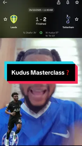 Mohammed kudus scores his first premier league goal for Tottenham to help them win 2:1 away from home against Leeds United! #kudus #tottenham #mathystel #leeds #footballtiktok 