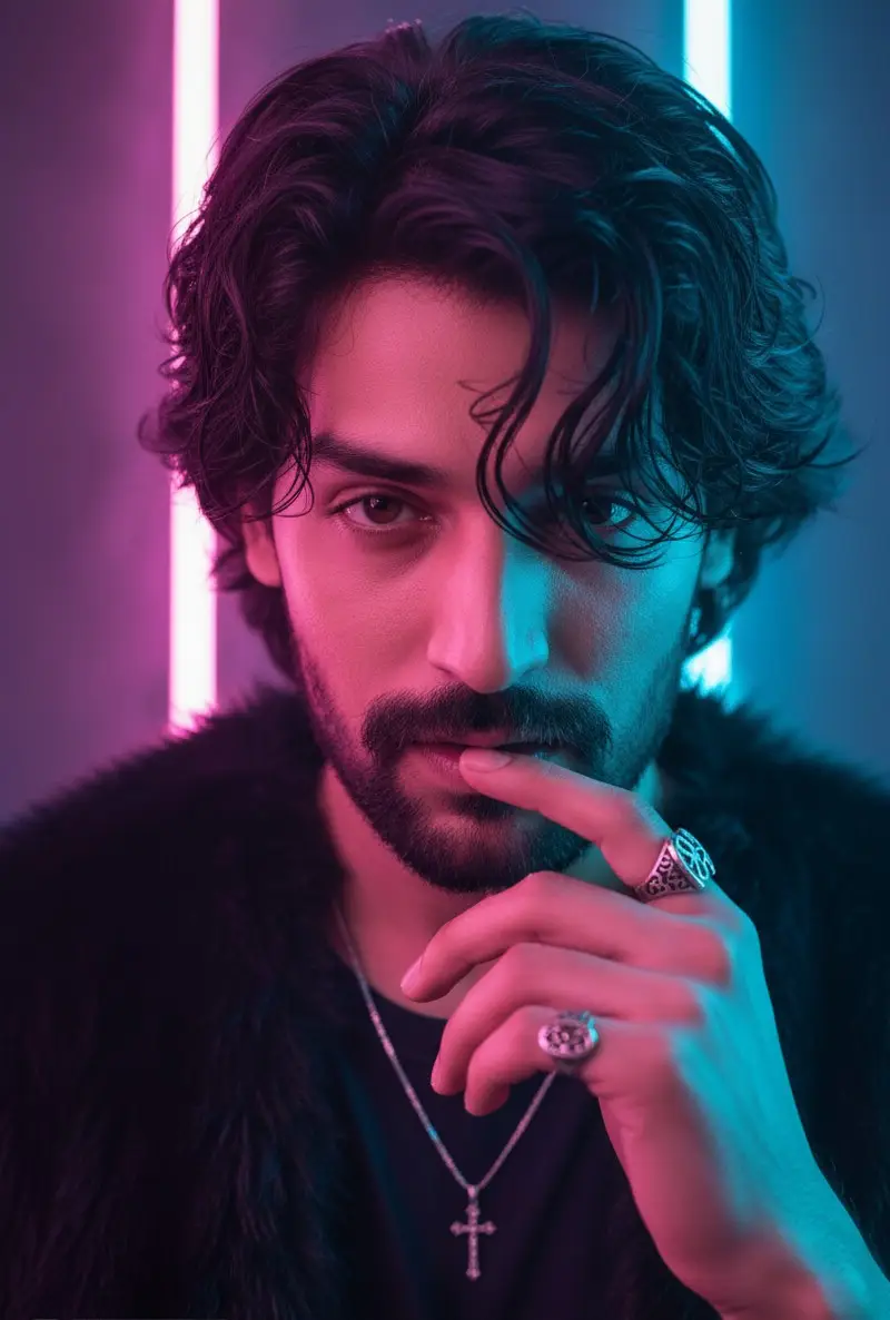 Chatgpt Google Gemini Ai prompt:👇 Using the uploaded image, a cinematic Instagram post of a stylish young man with curly hair, a cross necklace, rings, and a dark fur vest. Pink-blue neon lighting, a deep, mysterious facial expression, and a finger near the lips. An extreme close-up of dewy skin with fine details, visible pores, wet strands of hair above the eyes, and a sharply focused eye with subtle redness. Strong side-slanted neon lighting for dramatic highlights and subtle shadows. A hyper-precise look, inspired by the aesthetics of fashion magazines, and a trend on Instagram #chatgpt #prompterchallenge #50millionviews #ai 