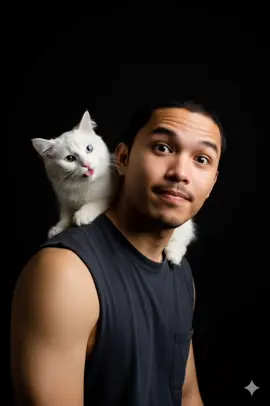 𝗚𝗲𝗺𝗶𝗻𝗶 𝗔𝗶 𝗣𝗿𝗼𝗺𝗽𝘁: ✨ A humorous, photorealistic portrait of a man wearing a sleeveless shirt. A white cat sits on his shoulder and playfully covers the man's eyes with its paws. The cat is winking and sticking out its tongue mischievously. Black background, Ultra-sharp details, studio lighting, funny scene. I want the exact same face as I uploaded no alteration 100 percent same. make three different images with different poses and different camera angles.