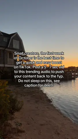 Heres how it works Step 1: film a 7 second video  Step 2: mute the sound on it  Step 3: add one of the first of the month trending sounds that I'm about to show you Sunset Biscuit Space Man I need Lost stars  Step 4: do not skip this! You’re gonna add text on screen. All you gotta do is drop a quick piece of value or say something funny or relatable Tip 1: you don't have to reinvent the wheel just find a viral post and model it, copy the words into ChatGBT and tell it keep the message the same but slightly change the words. Tip 2: the sooner you post this on the first week of October the better your odds are of hitting the FY page. These types of post can go crazy, I'm talking hundreds of thousands or even millions of views! They work so well because the video is so short people are gonna watch the video multiple times because they're gonna be reading all the text on screen, so what happens is your watch time goes way up and that makes TikTok push your video out to way more people. Super easy super effective so do not skip it! I've literally seen people make 5K a day just from doing this. Even me I'll throw one of these together in 10 seconds and boom 18 million views so yeah just do it.  And furthermore, why don't we keep each other accountable? Pop in the comments below your follower count and let's all grow together. And if you're ready to stop guessing and start winning on this app on TikTok.  I made a free the 7 day viral TikTok content strategy. It’s a proven plan to help you hit your first viral video this week, get millions of views start making real money …even if you're a total beginner, no matter what niche you're in so grab it right now the link is in my bio let's freaking go. #trendingsong  #trendingsound #smallcreator 