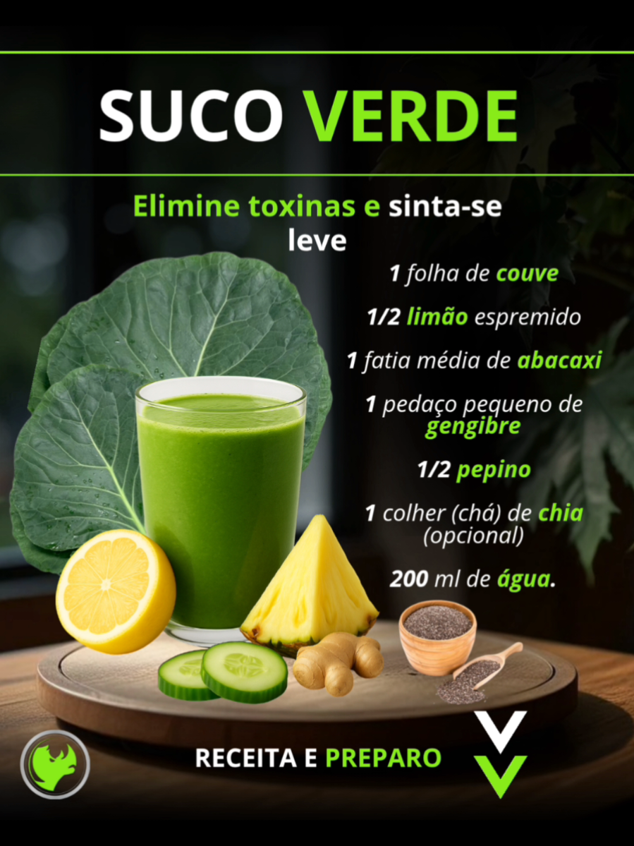 🌿 RECEITA COMPLETA – SUCO VERDE 🌿 Elimine toxinas, desinche o corpo e comece o dia com leveza e energia! 💚✨ 🧾 Ingredientes: 🥬 1 folha de couve 🍋 1/2 limão espremido 🍍 1 fatia média de abacaxi 🫚 1 pedacinho de gengibre 🥒 1/2 pepino 💧 200 ml de água 🌱 1 colher (chá) de chia (opcional) 🔄 Modo de preparo: 1️⃣ Lave bem todos os ingredientes. 2️⃣ Coloque tudo no liquidificador (menos a chia, se for usar). 3️⃣ Bata até obter um suco bem homogêneo. 4️⃣ Se quiser, adicione a chia por último e misture com uma colher. 5️⃣ Sirva gelado e aproveite o frescor! 🧊💚 🔥 Dica de ouro: Tome em jejum para potencializar os efeitos detox e acelerar o metabolismo! ✨ Sinta-se mais leve, com mais energia e foco logo pela manhã! 🚀 Gostou do conteúdo? 💚 Curta 👍 💬 Comente ✍️ 🔄 Compartilhe 📲 Assim você nos ajuda a alcançar mais pessoas e espalhar conhecimento de valor! ✨ #DetoxNatural #SucoVerde #VidaSaudável  #Desinchar #RhykonNutrition