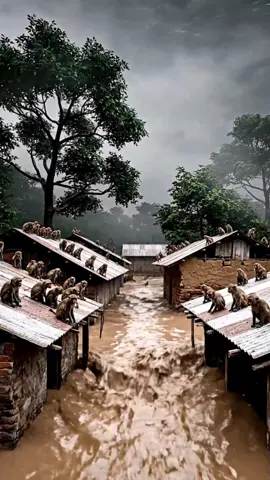 Dozens of Monkeys Stranded on Rooftops in Flooded Village #flood #worlddisaster #fyp #viral #tiktok