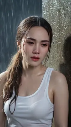 หญิงสาวยืนร้องไห้กลางสายฝนในยามค่ำคืน ใบหน้าเต็มไปด้วยน้ำตาที่ไหลรวมกับหยาดฝน เธอสวมเสื้อกล้ามสีขาวเปียกชุ่ม พิงกำแพงคอนกรีตเย็นเฉียบ แสงไฟสลัวจากเสาไฟถนนส่องกระทบละอองน้ำที่ปลิวกระเซ็นรอบตัว บรรยากาศเศร้า อ้างว้าง และเต็มไปด้วยความเจ็บปวดในใจ เสียงฝนดังกลบเสียงสะอื้น กล้องค่อยๆ เคลื่อนเข้าใกล้ใบหน้า เผยสายตาเศร้าลึกที่สั่นไหวเหมือนหัวใจที่แตกสลาย#ฟีดดดシ 