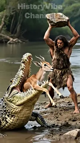 Will the Crocodile Spare the Prehistoric Man? 🐊👣❓ #hominidhistorylife  #earlyhumans #earlylife 