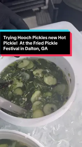 Trying @Hooch Pickles new Hot Pickle!  At the Fried Pickle Festival in Dalton, GA #picklereview #brinetime #picklefestival