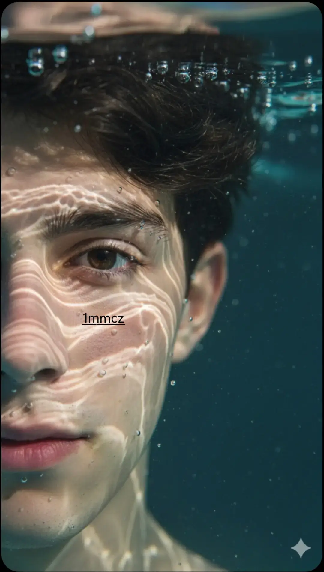 Agua close up Ultra-detailed hyper-realistic close-up portrait of the person from the reference photo, preserving all unique facial features. Only the left half of the face is shown, submerged underwater, with one eye in sharp focus placed at the far left of the frame. Light rays create dynamic caustic patterns across the skin. Suspended water droplets and tiny bubbles .add depth and realism Cinematic underwater lighting with soft shadows and .crisp highlights #fyp #هومي_جلاله🍂 #اعادت_نشر🔁 #لايك👍🏻 #foryoupage 