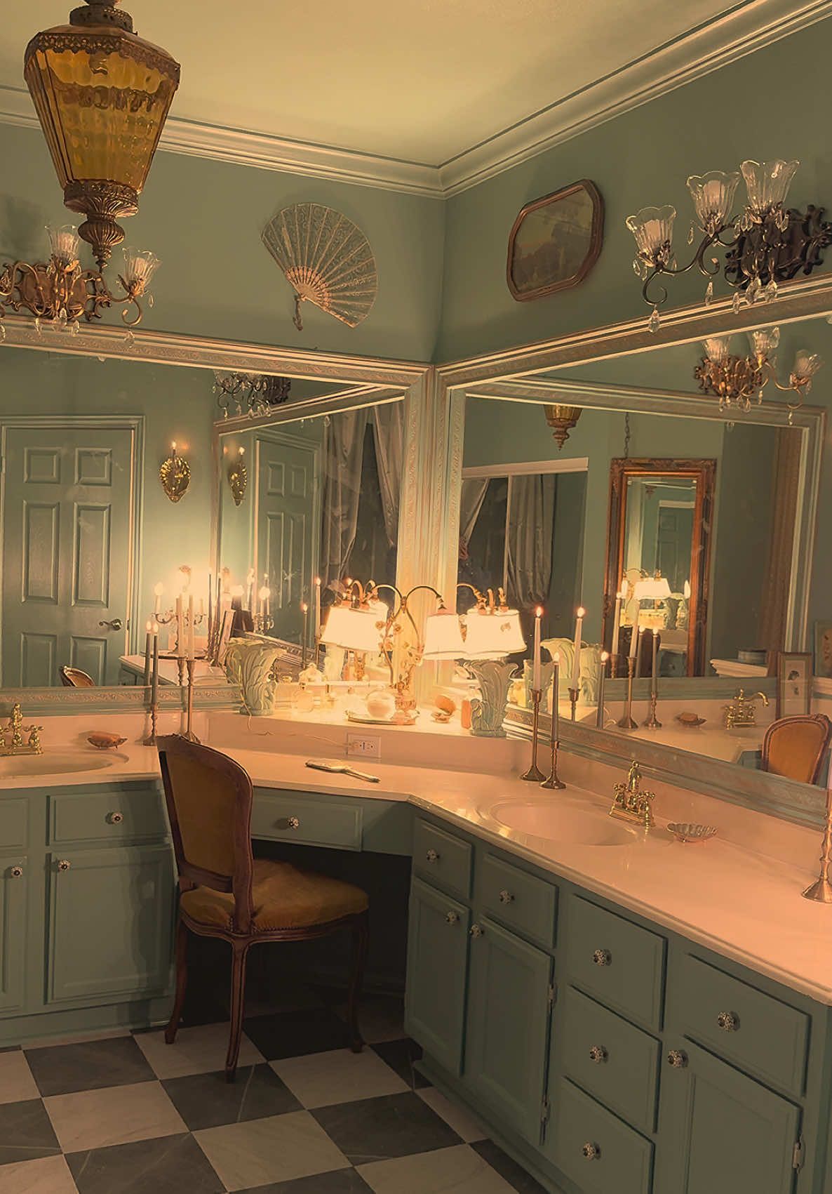 POV: your client asks for her bathroom to be a mix of Practical Magic and a mermaid’s boudoir 🩵#girlroom #vintagehome #eclectichome #interiordesign #bathroomrenovation 