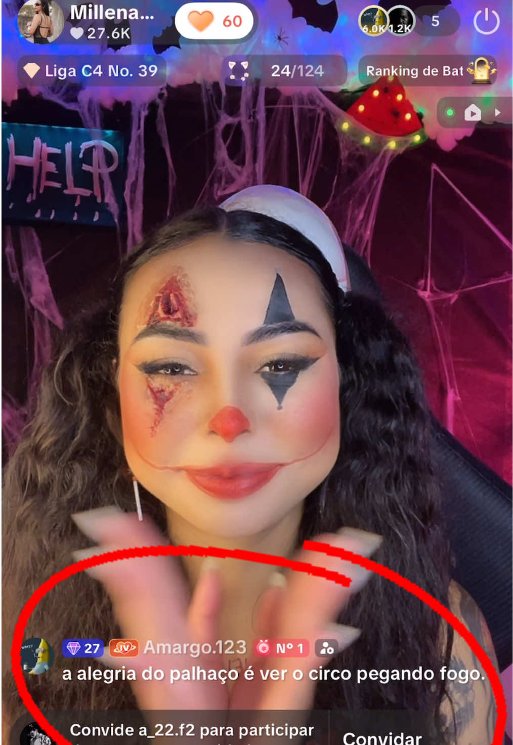 🦇Halloween é de medo, mas o que assusta mesmo é o @Amargo.123 subindo de nível sem parar! 👻🤡 Chegou no 36 e eu só tenho a agradecer e a rir kkkkk  #live #tiktoklive #halloweenmakeup #gifter