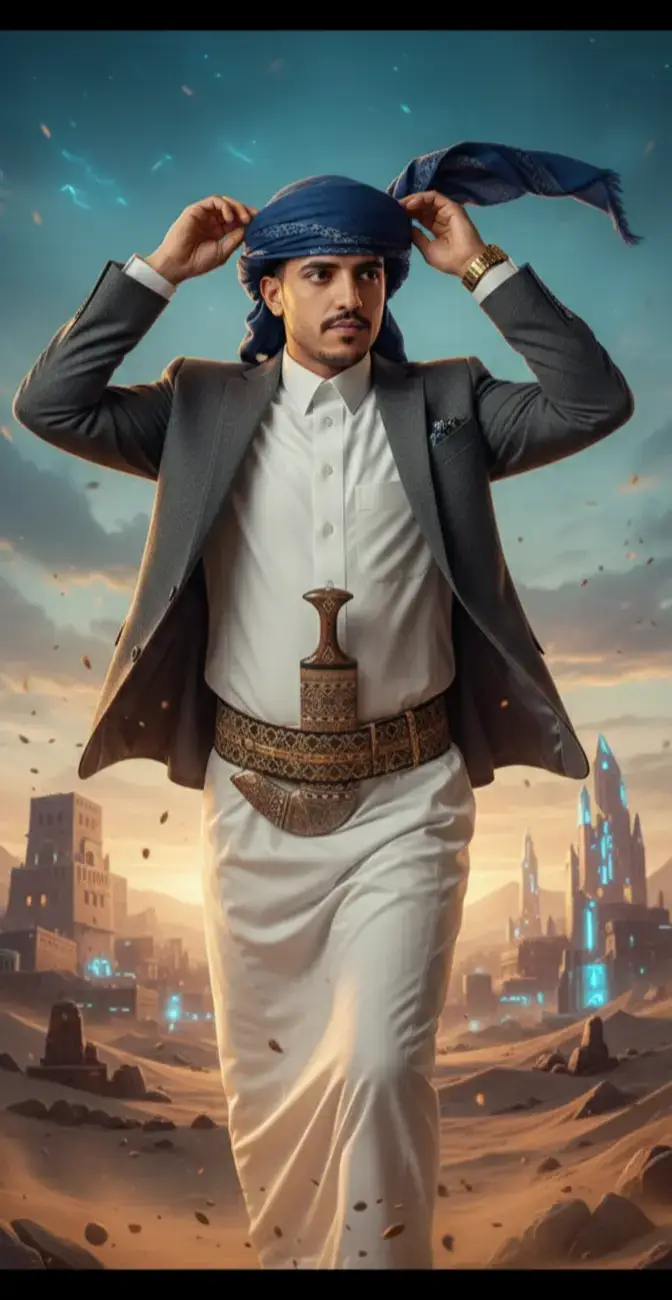 A surreal ultra-realistic 8K cinematic portrait of a handsome Yemeni man, fully preserving his original facial features, expressing confidence and majesty, showing skin pores and fine facial details. The man walks forward with confidence and dignity, with a slight lean to convey a sense of motion, looking sideways confidently. He adjusts his traditional Yemeni folded shawl on his head with both hands, fingers positioned naturally and realistically to secure the shawl, fully covering his head. Shawl color: charcoal gray or royal dark blue (fine Sanaani style), with a single tail fluttering backward in the wind, showing realistic folds and texture. He wears a pristine white Yemeni thobe with a buttoned collar and an elegant blazer in charcoal gray or royal dark blue, slightly open, naturally fluttering in the wind. A traditional Yemeni jambiya is worn on the right hip, exactly like in the second reference image, slightly larger in size. A gold wristwatch on the wrist and a wide golden belt, slightly larger as