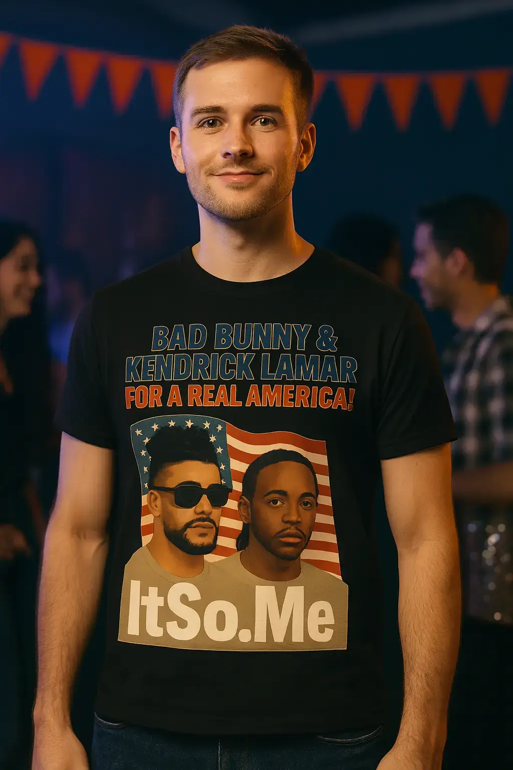 Stand out with bold energy and unapologetic style. This exclusive Bad Bunny & Kendrick Lamar “For A Real America!” tee delivers the perfect mix of music, culture, and statement fashion. Designed in a retro-poster aesthetic with the powerful tagline ItSo.Me, this shirt isn’t just clothing—it’s identity. Perfect for parties, concerts, or making your voice heard wherever you go.  http://ItSo.Me #ItSoDotMe, #BadBunny, #KendrickLamar, #ForARealAmerica, #StatementShirt, , , , , , , , , , , , , , , , , , , , , , , , , 