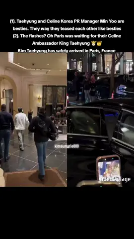 (1). Taehyung and Celine Korea PR Manager Min Yoo are besties. They way they teased each other like besties (2). The flashes? Oh Paris was waiting for their Celine  Ambassador King Taehyung 🤴🏻👑 Kim Taehyung has safely arrived in Paris, France  V FOR PARIS FASHION WEEK  CELINE AMBASSADOR TAEHYUNG  #TAEHYUNGxCELINE #CELINESUMMER2026  #PFW @celineofficial
