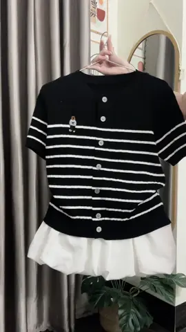 Áo len kẻ ngang cộc tay thêu hình xinh #xh 