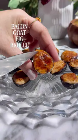 Goat & Bacon Fig Brûlée...Truly an addictive little perfect bite and I'm willing to bet you won't stop at just a bite 😉 you asked for a diff version of my figgy brilee and here it is! Also, these are great for a party because you can stuff the figs well ahead and just torch right before serving!  Ingredients: * 4 oz goat cheese. * 2 oz cream cheese. * 2 tsp honey. * 3 strips of bacon (finely chopped). * Pinch of salt. * Sugar. * 8 figs (sliced in half). Directions: 1. Remove the insides of the figs carefully and set aside. 2. Crisp up the bacon. 3. Add the goat and cream cheese to a food processor with the honey, pinch of salt, bacon and insides of the fig. 4. Process until smooth. 5. Pipe the hollowed out figs with the cheese, but make sure it doesn't overflow so it doesn't slide off when brueeling.  6. Refrigerate for 30 min to really set the cheese. 7. Coat the cheese part with sugar and torch until caramelized! #fig #whippedcheese #goatcheese #appetizers #EasyRecipes
