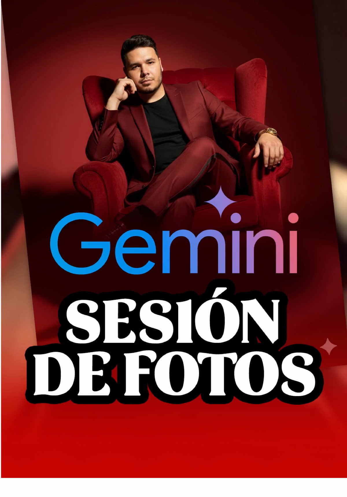 #GEMINI Aquí te comparto un #PROMPT. Para tu sesión de fotos generadas por Gemini. Abre tu app y pegas el siguiente texto: Basándose en mi foto crea una glamorosa sesión de fotos de estudio de hombre con traje sastre rojo con raya de costado con el cabello castaño, mismo que el de la foto que te mando, sutil con y reloj dorado. No cambies la cara, él está sentado sobre un gran sillón rojo, con el rostro recarcado en el brazo tocando su cara los zapatos rojos, Foco de luz, con sombras fuertes sobre un fondo rojo, estilo de revista de moda, iluminación cinematográfica muy detallada, ultra realista. No alterar los rasgos faciales de la persona de las fotos de referencia. #inteligenciaartificial #colombia #viral 