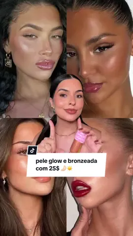 pele bronzeada e glow por 25$, será Melu?? 👀☀️ A textura é fininha, confortável e não altera a durabilidade da base. Se você quer um efeito mais leve, use antes da base e quando quiser um pouco mais bronzeada daí é interessante fazer essa misturinha.  O que vocês acharam amigas??  #peleglow #pelebronzeada #makeverao #makebronze #serummelu 