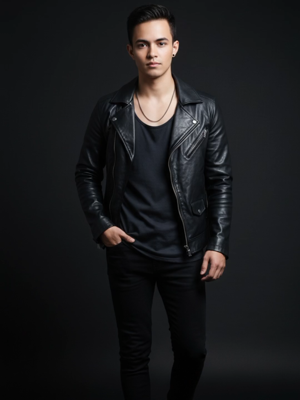 Prompt Ai Pria memakai jaket kulit Buatkan gambar hyper-realistic, wajah harus sesuai foto, jangan merubah wajah foto tersebut. Potret seluruh tubuh seorang pria muda bertubuh ramping, berdiri dengan percaya diri di latar belakang studio yang gelap. Ia mengenakan Atasan: Kaos dalam berwarna abu gelap / hitam dengan potongan V-neck cukup dalam, gaya kasual tapi edgy. Jaket kulit hitam dengan potongan fitted Bawahan: Celana jeans skinny hitam Alas kaki: sepatu boots hitam Aksesori & Detail: Anting kecil di salah satu telinga — menjadi statement piece. Kalung rantai tipis berwarna gelap/metallic yang muncul sedikit dari V-neck. Makeup atau shading ringan di mata untuk kesan smoky. Pose: Posisi tubuh berdiri penuh (full-body) dengan sedikit condong ke depan, menciptakan kesan santai namun percaya diri. Tangan kanan rileks di samping tubuh, sementara tangan kiri rileks di samping tubuh. Bahunya sedikit maju Dengan ekspresi wajah datar atau cool — tidak tersenyum, memberi nuansa edgy. Kaki kiri maju sedikit, kaki kanan sebagai tumpuan, sehingga ada kesan langkah ringan atau “walking pose”. Potret hiperrealistis, beresolusi sangat tinggi, 8K, fokus tajam, detail tajam, pencahayaan fotorealistis, tekstur kulit alami, tanpa blur, tanpa noise, latar belakang sangat detail, fotografi profesional, resolusi super, ultra tajam #fypシ゚ #fypage #fyppppppppppppppppppppppp #fyp #fashion 