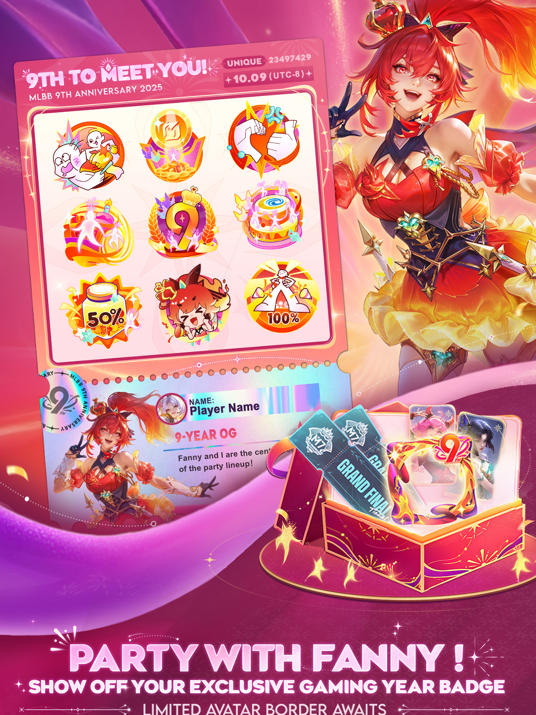 9th Anniversary Party web event goes live tomorrow. 🔥 ✔ Complete tasks and collect personalized badges! ✔ 30+ skins prize pool waiting for you! ✔ Win 9th Anniversary Limited Avatar Border and M7 Final tickets! #MLBB9TH