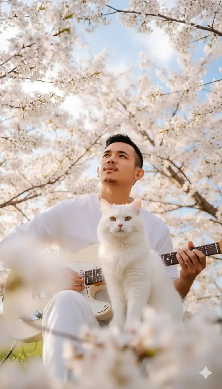Terus Masalah Buat lo ? 🤣 PROMPT : Seorang pria muda sesuai foto referensi, dengan wajah, rambut, mata, struktur wajah, alis, hidung, dan bibir yang sama persis 100% tanpa perubahan sema sekali, dia sedang duduk di antara bunga sakura putih yang bermekaran, memandang ke arah kucing dengan ekspresi tersenyum bahagia dan penuh harapan. la mengenakan pakaian putih sederhana yang menyatu dengan suasana lembut di sekitarnya. Di bahunya terdapat seekor kucing putih berbulu lebat yang tampak anggun dan tenang, menatap ke arah pria dengan ekspresi penuh wibawa. Pria tersebut memegang gitar elektrik putih, menambah kesan artistik dan melankolis pada adegan. Cahaya matahari sore yang hangat menyorot lembut melalui celah bunga, menciptakan efek dreamy, romantis, dan sinematik. Atmosfer keseluruhan foto menghadirkan ketenangan, keindahan alami, dan rasa kebersamaan antara manusia, hewan, dan alam. Pengambilan Kamera (Camera Angle & Teknik): Angle: Low angle, diambil dari bawah sedikit menatap ke atas, memberikan kesan dramatis dan menonjolkan langit biru serta bunga sakura yang mendominasi frame. Framing: Close-up medium shot dengan komposisi simetris antara wajah pria, kucing, dan gitar. Bunga di latar depan digunakan sebagai natural frame untuk menciptakan kedalaman gambar. Lighting: Natural sunlight (backlight + soft fill), cahaya alami menembus bunga putih, menciptakan efek glowing dan atmosfer hangat. Depth of Field: Shallow depth of field, fokus tajam pada subjek utama (pria, kucing, gitar), sementara bunga di depan dan latar belakang blur lembut (bokeh) untuk menambah kesan dreamy. Ekspresi: Pria dengan tatapan ke atas yang penuh ketenangan, seolah sedang melamun atau mencari inspirasi. Kucing dengan ekspresi anggun, menatap lurus ke depan dengan aura tenang namun kuat. #balaputeradewaai #geminiAI #balaputeradewa #cat #kucing 