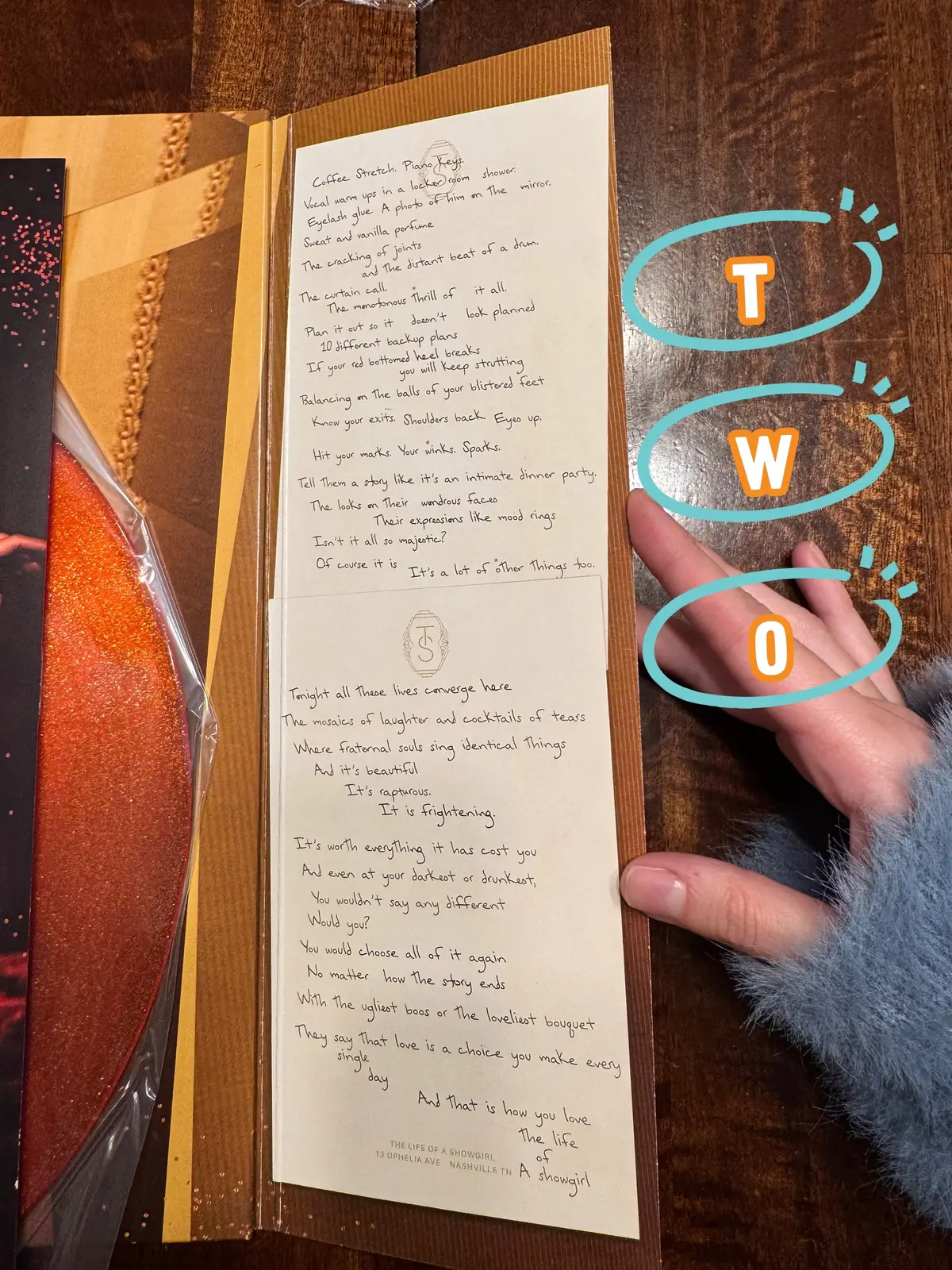 My OG The Life of a Show Girl poem in the vinyl side flap thing spells out 'Two'. What do the others say?! What does it MEAN?! #taylorswift #thelifeofashowgirl #two @Taylor Swift 