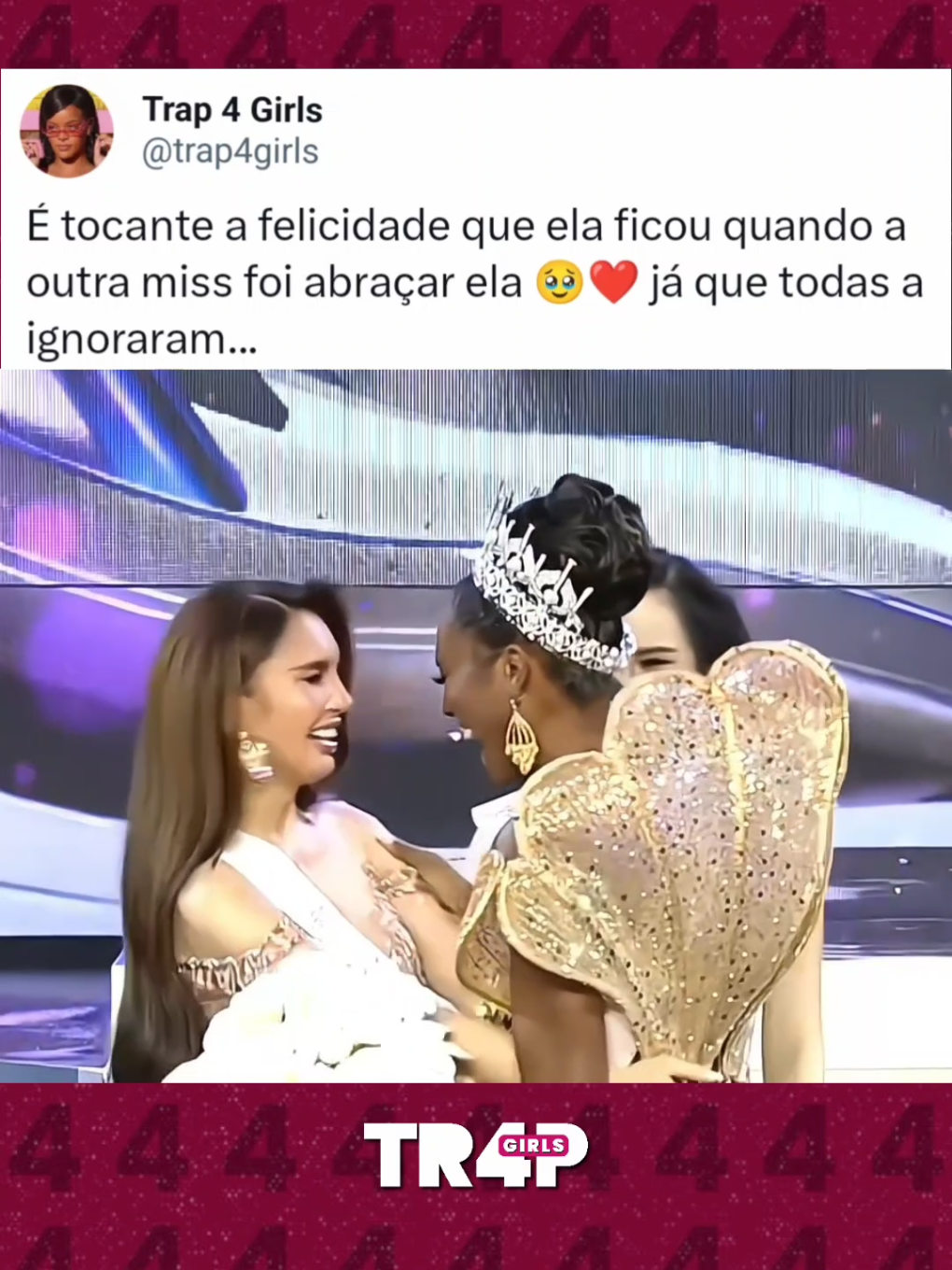 Muito triste ela ter passado por isso sendo uma das poucas pessoas negras do reality, É tocante a felicidade que ela ficou quando a outra miss foi abraçar ela 🥹❤️ já que todas a ignoraram... #missintercontinental