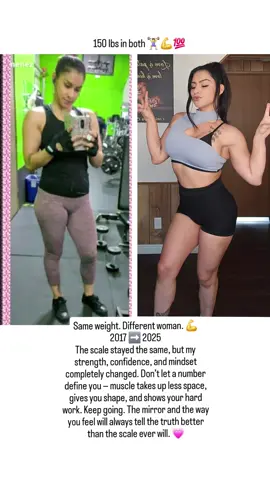 These two pictures are 8 years apart. In both, I weigh 150 lbs — but my body composition is completely different. Muscle is denser than fat, meaning it takes up less space but weighs the same. That’s why the scale doesn’t tell the full story. Focus on how you feel, how your clothes fit, and the strength you’ve gained — not just the number on the scale. Remember: your progress is more than a number!” #BeforeAndAfter #hardworkpaysoffs #thankyoujesus🙏 