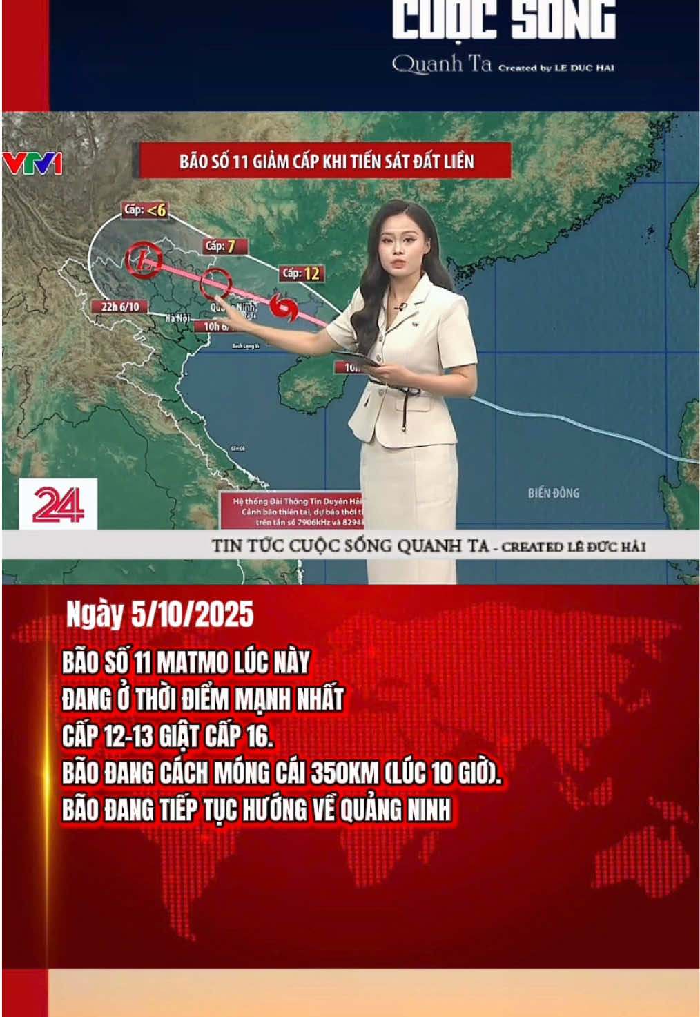 Diễn biến mới nhất về cơn bão số 11 Matmo cập nhật lúc 10 giờ sáng nay 5/10, tâm bão đang cách Móng Cái Quảng Ninh 350km.  Bão đang ở thời điểm mạnh nhất cường độ cấp 12-13 giật cấp 16. Sau khi vào Vịnh Bắc Bộ trong chiều tối nay, Bão số 11 tiếp tục hướng về Quảng Ninh trong sáng ngày 6/10.  Mọi người chú ý cập nhật các bản tin tiếp theo để theo dõi tình hình bão số 11. #cuocsongquanhta #tintuc #dubaothoitiet #baoso11 #vtv24 