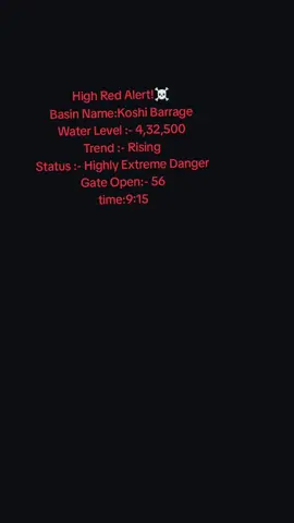 High Red Alert! Basin Name:Koshi Barrage Water Level :- 4,32,500 Trend :- Rising Status :- Highly Extreme Danger Gate Open:- 56 time:-9:15 #creatorsearchinsight #tiktokviral #fpy @bimal Yadav umaprempur.5 @Kabita @🔱𝑹𝑨𝑶 𝑺𝑨𝑯𝑨𝑩 💀⚔️ @Ａｊａｙ ❣️⚡ 
