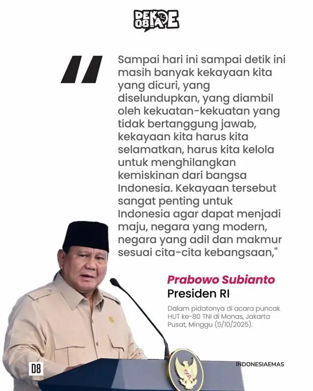 Presiden Prabowo Subianto dalam amanatnya saat upacara peringatan HUT Ke-80 TNI mengingatkan TNI beserta seluruh jajaran prajurit wajib menjaga kekayaan Indonesia. #presidenprabowo #prabowo #pemerintah #indonesia #indonesiaemas 