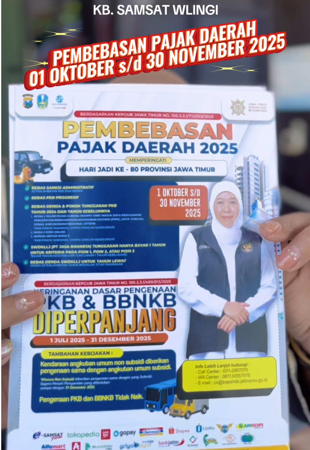 🎉 Kabar Gembira untuk Warga Jawa Timur! 🎉 Dalam rangka memperingati Hari Jadi ke-80 Provinsi Jawa Timur, Pemprov Jatim memberikan PEMBEBASAN PAJAK DAERAH 2025 😍 🗓️ Periode: 1 Oktober – 30 November 2025 📌BEBAS SANKSI ADMINISTRATIF KETERLAMBATAN PKB DAN BBNKB 📌BEBAS PKB PROGRESIF 📌BEBAS DENDA & POKOK TUNGGAKAN PKB TAHUN 2024 DAN TAHUN SEBELUMNYA 1. RODA 2 WAJIB PAJAK KURANG MAMPU YANG MASUK DATA PENYASARAN PERCEPATAN PENGHAPUSAN KEMISKINAN EKSTRIM (P3KE), DATA TUNGGAL SOSIAL DAN EKONOMI NASIONAL (DTSEN) *PKB POKOK MAKSIMAL SAMPAI DENGAN Rp500.000,00 2. RODA 2 OJEK ONLINE   3. SEPEDA MOTOR RODA 3 *PKB POKOK MAKSIMAL SAMPAI DENGAN Rp500.000,00 📌SWDKLLJ (PT JASA RAHARJA) TUNGGAKAN HANYA BAYAR 1 TAHUN ✏️UNTUK KRITERIA PADA POIN 1, POIN 2, ATAU POIN 3 *BAYAR TAHUN KEDEPAN DAN TUNGGAKAN 1 TAHUN KEBELAKANG 📌BEBAS DENDA SWDKLLJ UNTUK TAHUN LEWAT DENDA KETERLAMBATAN TAHUN BERJALAN TETAP DIKENAKAN. #pembebasanpajakdaerah #pemutihan #samsatwlingi #samsatjatim 