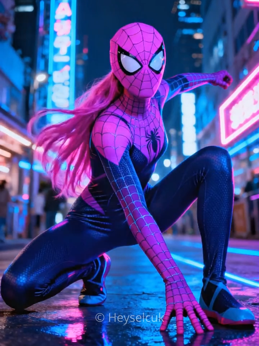 Female spiderman girl woman in futuristic city, neon lights. Real time ai