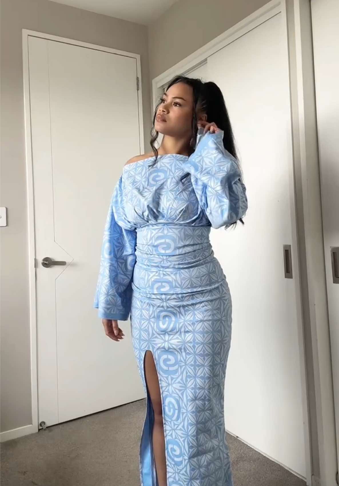 Week 9 of sewing my dream wardrobe ✨ Not my usual silhouette, but I was inspired by the batwing dress 🫶🏽 You might not tell, but it’s actually a two-piece 🤧 my sister said it looked better connected.  #fyp #sewingtiktok #islandwear #OOTD #polytiktok 