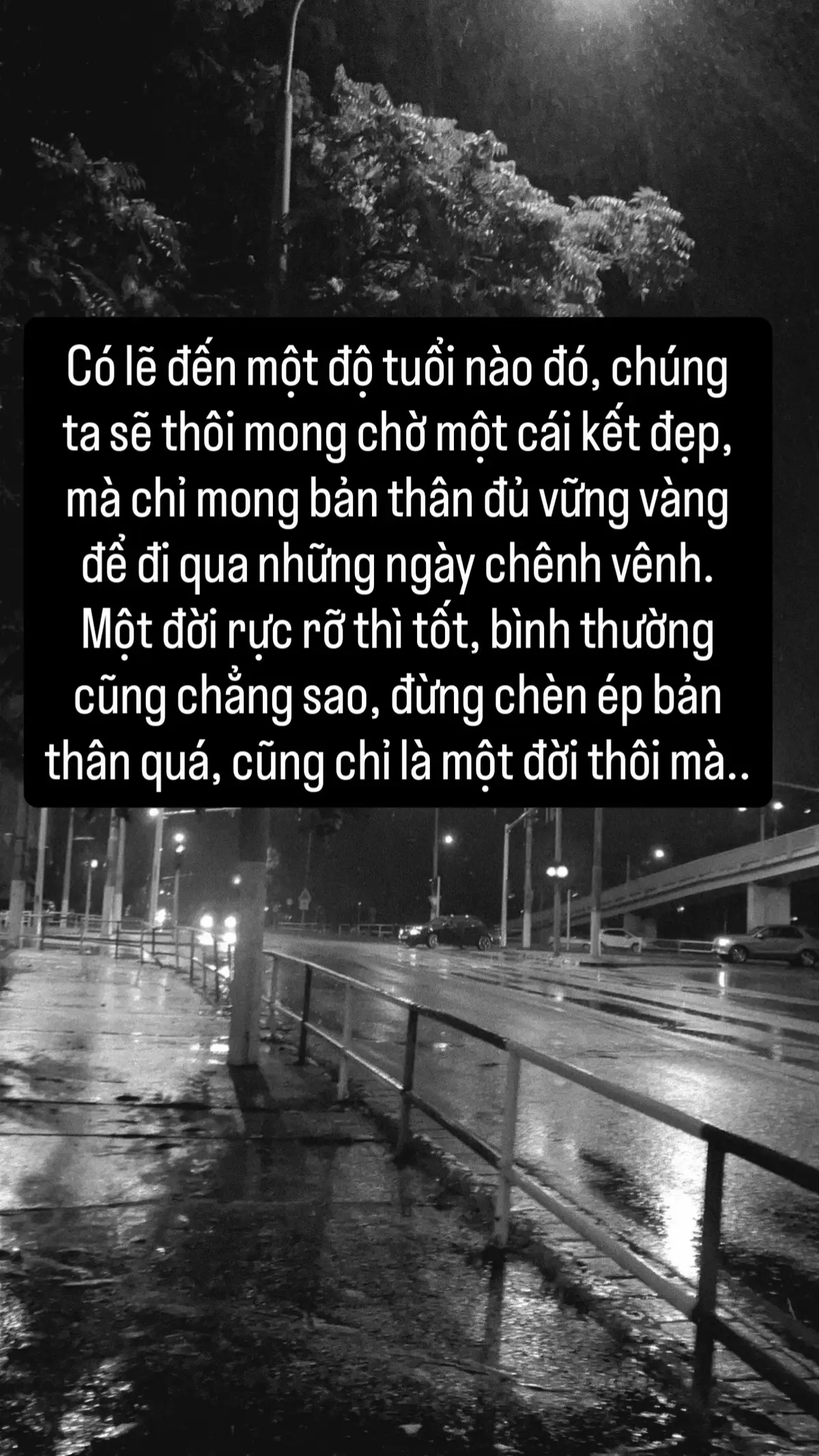 Có lẽ đến một độ tuổi nào đó, chúng ta sẽ thôi mong chờ một cái kết đẹp, mà chỉ mong bản thân đủ vững vàng để đi qua những ngày chênh vênh. Một đời rực rỡ thì tốt, bình thường cũng chẳng sao, đừng chèn ép bản thân quá, cũng chỉ là một đời thôi mà..#viral #xuhuong #tamtrang 