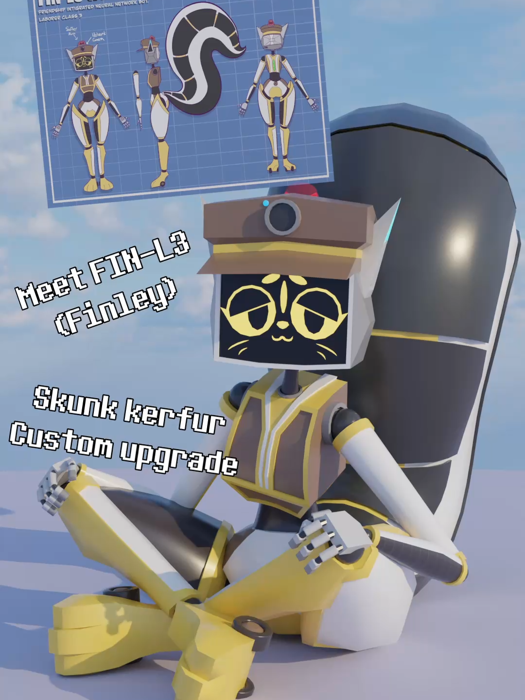 Welcome everyone!~ Meet FIN-L3 (Finley) #FINL3 #Animation #blender3d #skunk #kerfus #voicesofthevoid  Custom Skunk Kerfur modification made to assist isolated workers by providing better companionship than standard Kerfurs. Equiped with vocal capabilities and extensive security measures. Finley is bound to make a good impression on anyone working with them! after all, its the only friend you will have out here for a while...  Want to support me? Check out my Patreon for early looks and fun renders at my Animations!  https://www.patreon.com/cw/CyberSkunkStudios
