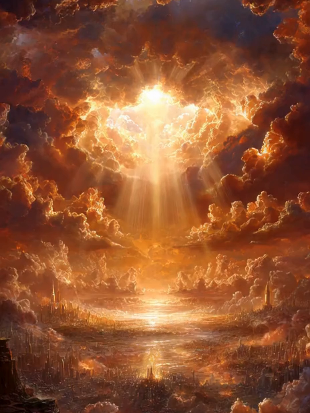 Som de vento e trovões, o céu se abrindo lentamente…) “No princípio do fim, o silêncio cobriu os céus... e as estrelas caíram como lágrimas do próprio Criador. E ouviu-se novamente a voz que fez o mundo nascer: ‘Faça-se a luz… uma última vez.’ A Terra gemeu. O mar rugiu. E o tempo… se curvou diante do Juízo. Dos céus, anjos e sombras se enfrentaram, numa guerra sem som, onde a fé era espada e a dúvida, escudo quebrado. O homem viu o que nunca deveria ver: o fim daquilo que chamava eternidade. Mas Deus, em trono de fogo e misericórdia, falou de novo: ‘Assim como criei do pó, também renascerei do fogo. A morte não será o fim… mas o recomeço.’ E quando tudo parecia perdido, a luz voltou a brilhar sobre as cinzas. O Apocalipse terminou… como o Gênesis começou: com a luz vencendo as trevas.” #genesis  #apocalipse