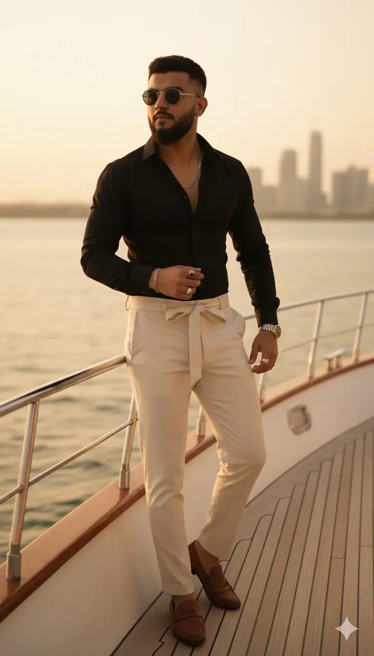 A stylish, confident man standing on the deck of a luxury yacht during golden hour, with calm sea water and a soft city skyline in the distance. He is wearing a fitted black shirt with the top buttons open, tucked into cream-colored high-waisted trousers with a belt tie. He has brown loafers, round sunglasses, neatly styled hair, and minimal jewelry (rings and a chain). Fashion editorial style, ultra-realistic, shallow depth of field, 4K detail. Use reference photo for faces.#chatgpt #gemini #prompt #edit #fyppppppppppppppppppppppp 