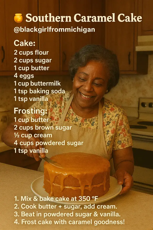 🍯 Southern Caramel Cake @blackgirlfrommichigan Cake: 2 cups flour 2 cups sugar 1 cup butter 4 eggs 1 cup buttermilk 1 tsp baking soda 1 tsp vanilla Frosting: 1 cup butter 2 cups brown sugar ½ cup cream 4 cups powdered sugar 1 tsp vanilla Steps: 1. Mix & bake cake at 350°F for 25–30 mins. 2. Cook butter + sugar, add cream. 3. Beat in powdered sugar & vanilla. 4. Frost cake with caramel goodness! ✨ Save & Repost — Shop my TikTok Showcase! #caramelcake #caramelcakerecipe #dessertrecipe #creatorsearchinsights #EasyRecipe 