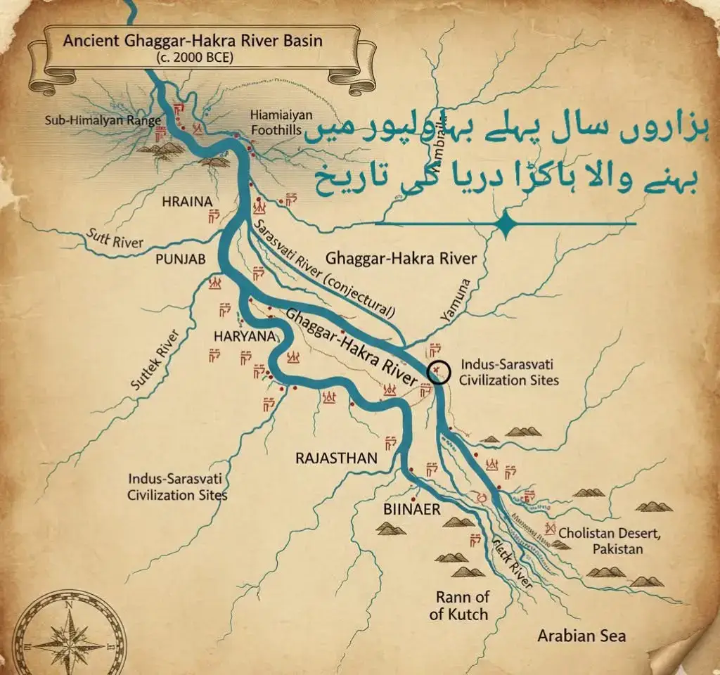 🏞 ہاکڑا / گھگھر-ہاکڑا دریا کی تاریخ 1. نام اور مقام ہاکڑا دریا کو گھگھر-ہاکڑا بھی کہا جاتا ہے۔ یہ دریا موجودہ بھارت (راجستھان، ہریانہ، پنجاب) سے نکلتا تھا اور پاکستان (چولستان، بہاولپور، سندھ کے کچھ علاقے) سے گزرتے ہوئے کبھی بحیرہ عرب میں گرتا تھا۔ آج یہ زیادہ تر 