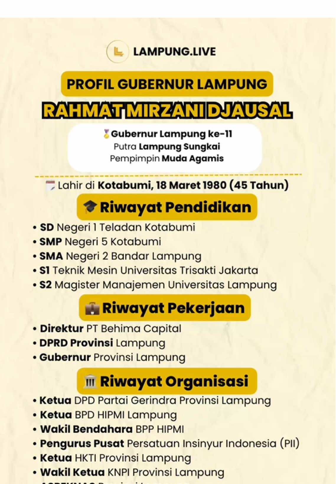Kenalan yuk sama pemimpin muda Bumi Ruwa Jurai! Profil singkat #GubernurGham Lampung ke-11, Rahmat Mirzani Djausal — putra Lampung Sungkai yang dikenal religius dan aktif di banyak organisasi.  #LampungLive #GubernurLampung #RahmatMirzaniDjausal 