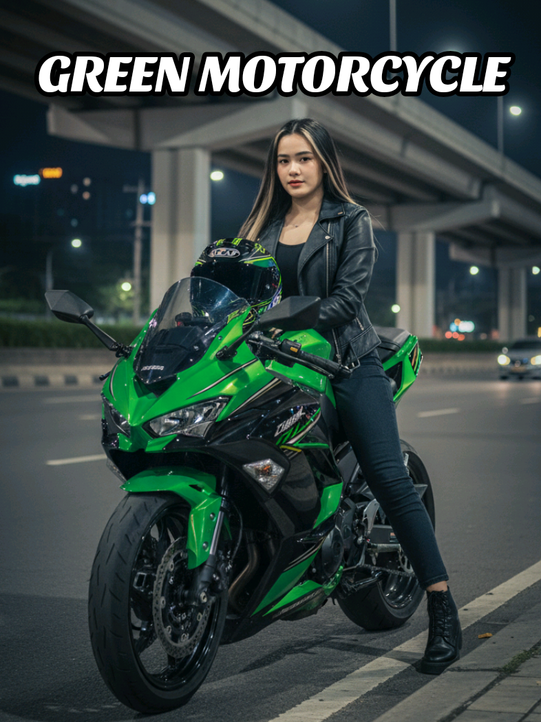 AI TREND MOTORCYCLE PROMPT HERE.📌 GEMINI AI  A young woman with a beautiful face, sitting on a green Kawasaki ZX-25RR motorcycle that has been completely modified. The front and rear suspension is made short so that the motorbike looks more flat and metropolitan style. KYT model helmet is neatly placed on the motorcycle tank. The setting is on the side of the road right beside the sidewalk, with a clear overpass background. The nighttime atmosphere with realistic street lights and city light, gives a dramatic impression. Motor details look sharp, the reflection of light on the motor body looks natural. Women's faces are clearly visible, relaxed expressions, natural facial skin with balanced lighting. #aitrend #aiprompt #googlegemini #gemini #aigenerated 
