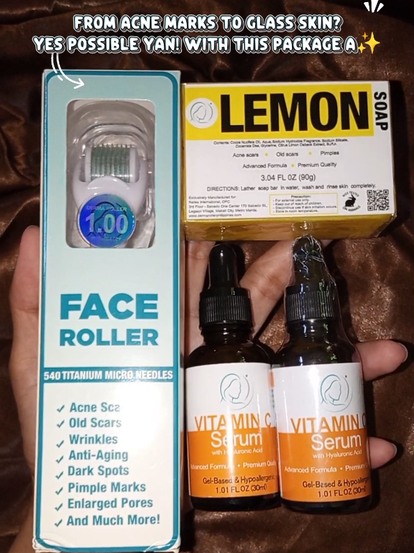 new Package A by derma roller! from Acne marks to glass skin! yes possible yan with this package A ✨  #dermaroller #dermarollerphilippines #faceroller #vitamincserum #dermarollertips 