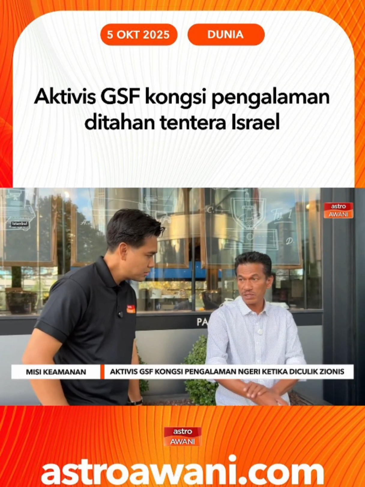 Ketua Editor Media Sosial Astro AWANI, Hilal Azmi membawakan perkembangan terkini keadaan 23 sukarelawan Sumud Nusantara yang ketika ini berada di Turkiye serta menceritakan pengalaman ngeri mereka ketika dalam tahanan rejim Zionis Israel. #SumudFlotilla #GlobalSumudFlotilla #AWANInews