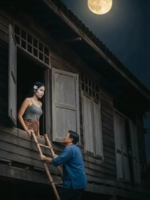 Prompt:สร้างภาพใช้บุคคลดังรูปที่แนบ ที่1หน้าตาคงเดิมแบบ 100%  ใบหน้าปะแป้ง แต่งชุด เสื้อสายเดี่ยวสีเทาหม่น ผ้าถุงสีน้ำตาลลายดอก มีดอกไม้สีขาวทัดหู ยืนรอที่หน้าต่างของบ้านเรือนไทยมองมาที่ชายหนุ่มดังรูปแนบที่2ที่กำลังปีนบันไดที่พาดอยู่ที่หน้าต่างขึ้นไปหาใส่ชุดผ้าม่อฮ่อม  โดยพื้นฉากหลังเป็นบ้านเรือนไทยที่เก่าทรุดโทรม ในยามค่ำคืน มีพระจันทร์เต็มดวงสีเหลือง สัดส่วนภาพ9:16 ความคมชัด16k#gemini #ai #tiktok  #pixverse 