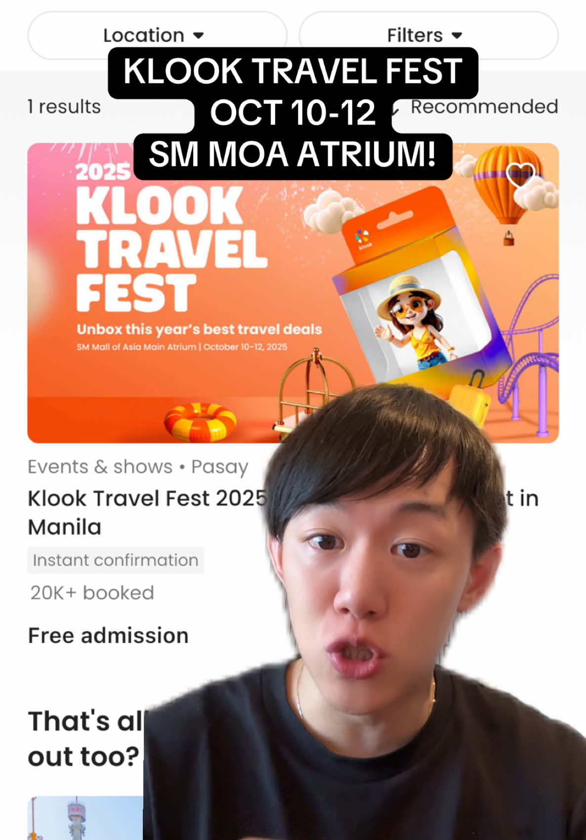 Klook Travel Fest 2025 is happening this October 10-12, 2025 at SM Mall of Asia I’ll be speaking on the 11th 11AM • Save up to 20% off or up to P10,000 with our event-exclusive coupons. • Enjoy buy 1, get 1 hourly flash deals on your favorite activities. (Make sure you wait for the PROMO CODE DROP!) #travelph #klooktravelfest @Klook Philippines 