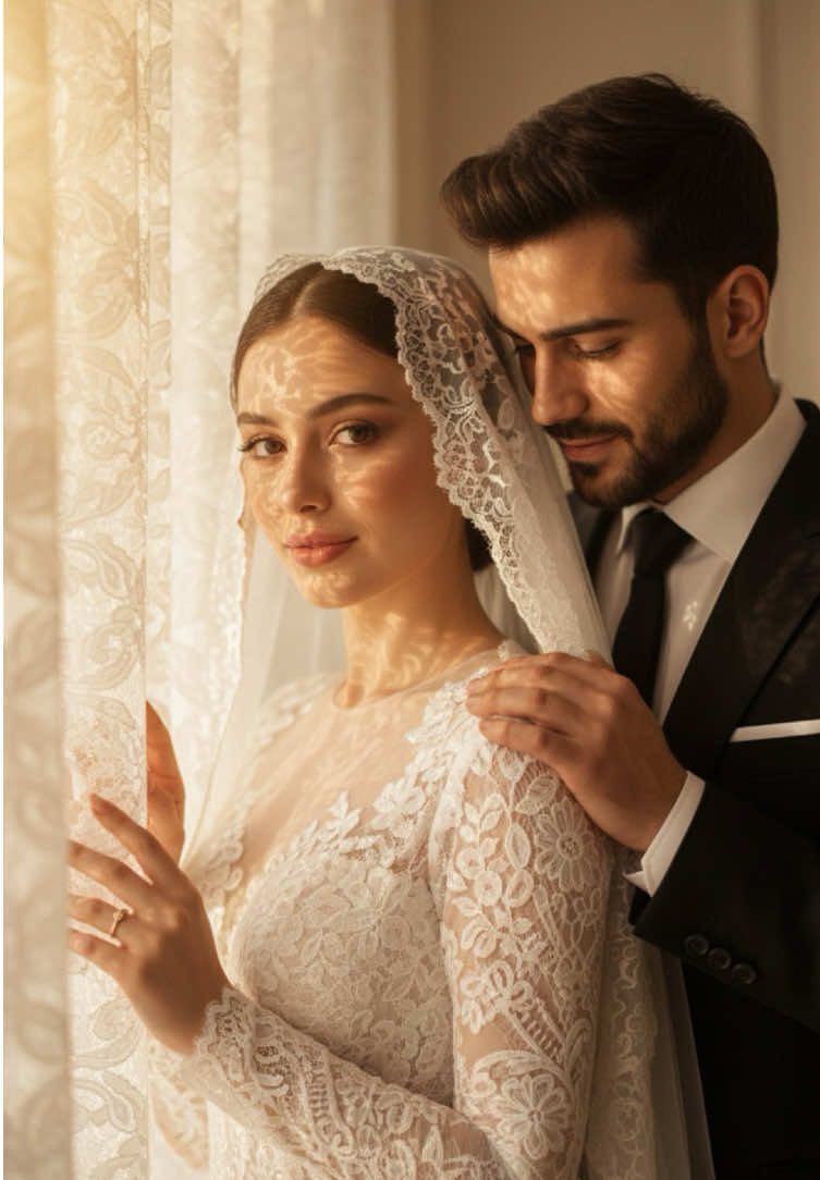edit your photo by Ai prompt : Image, create a dreamy close-up image as warm sunlight seeps through lace or floral cutters, casting magical patterns onto the skin. Her makeup is soft and romantic, and her expression is gentle, almost charming. Thin wears a closed wedding dress for veiled women, lace and half lace wedding veil, and the shadows move as if they were telling a story. One hand touches the •curtain softly Style: Soft, feminine, natural luxurious. I put this man standing next to me, putting his hand on my shoulder, wearing a black wedding suit, without changing features #زواج #wedding #cinematicphotography #gemini #fyp 