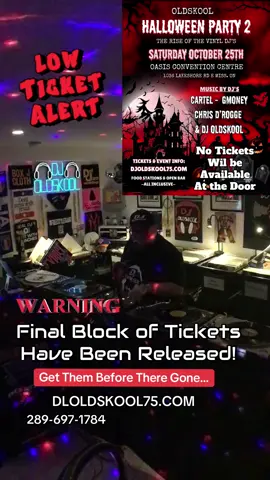 The Final Block of Tickets have been Released… Only a few tables & individual Tickets are left! **GET YOURS NOW** visit djoldskool75.com or Call/Text 289-697-1784  Thank you to everyone who already purchased theirs. We are excited to see you!! #halloween2025 #oldskoolparty #halloweenparty 