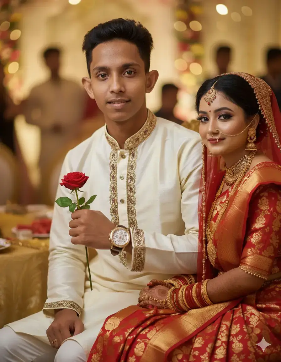 A professional photo of a Bangladeshi man sitting at a traditional wedding ceremony. He is wearing a luxurious, elegant Panjabi, and a stylish, expensive wristwatch on his hand. The photo is taken in a high-end, editorial photography style with perfect lighting. The background is heavily blurred (bokeh effect) to highlight the subject. Everything in the image—from the outfit to the accessories—is top-tier and visually stunning. The overall composition is clean, sharp, and aesthetic. #foryoupage #retouching 
