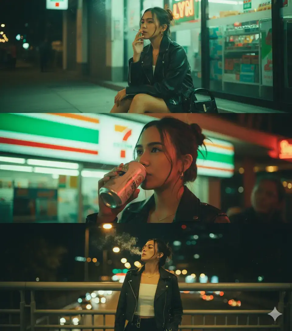 GEMINI PROMPT‼️     Change this photo to Wong Kar-wai's inspired cinematic triptych of a young girl in the city at night, bathed in moody neon green, amber, and red lights. Film grain, dreamy haze, and soft blur with saturated colors. parted to the side with strands falling across his forehead, giving a slightly disheveled, romantic look. Using the outfit as in the second photo, keeping the original face. Top Panel:  The girl sits outside a late-night 7-Eleven with neon signs glowing behind him with the text 